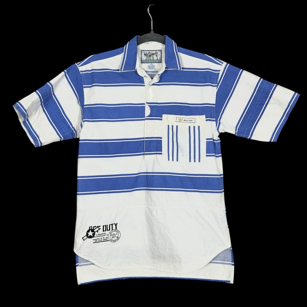 Bugle Boy Kids Size M 12-14 Blue White Stripe Short Sleeve Collared Shirt Graphc